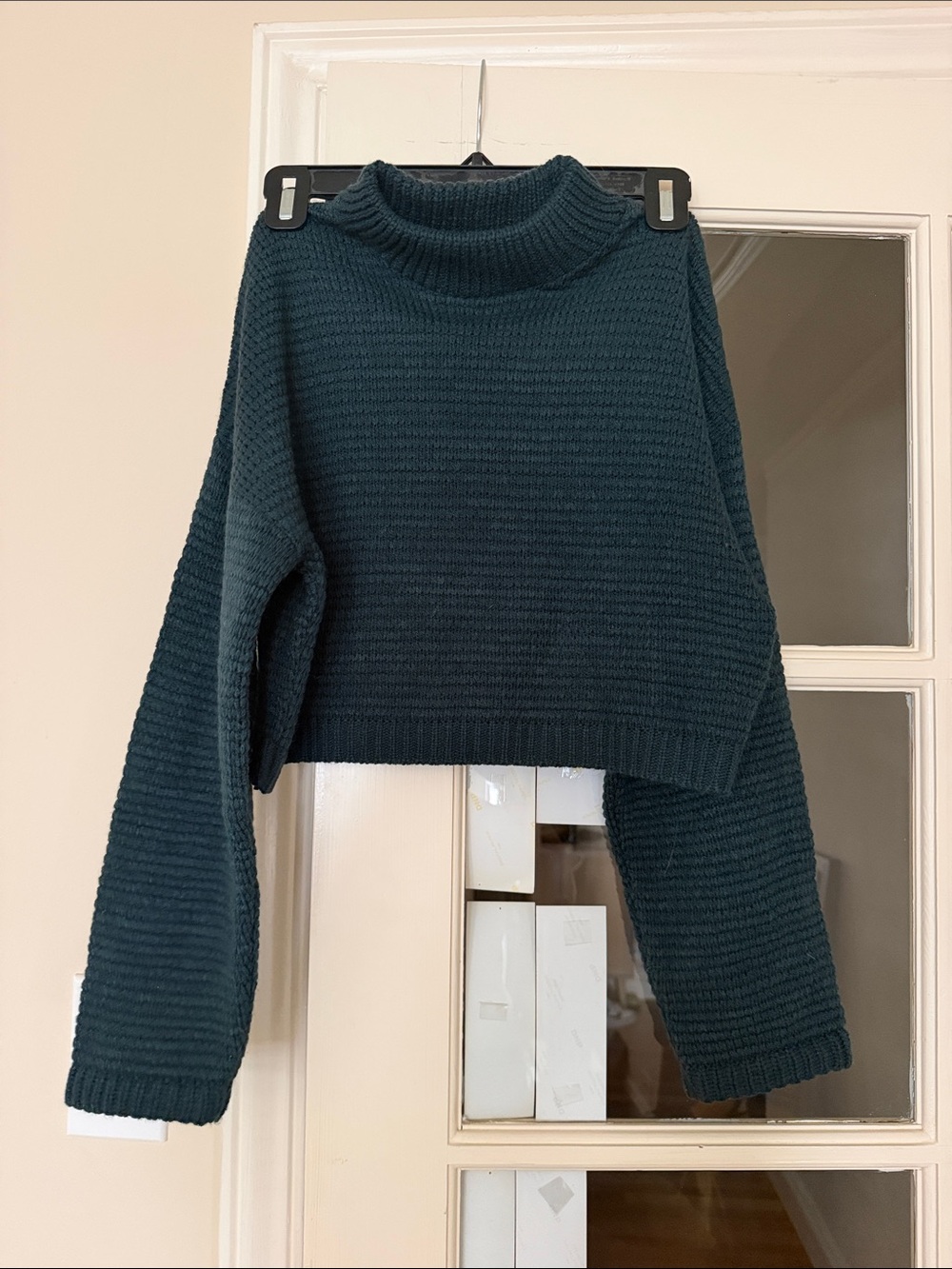 Express Teal Cropped Funnel Neck Sweater